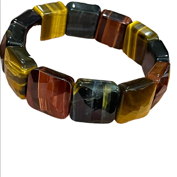 - Kalifano Multi color Heavy Faceted Tiger eye gemstone bangle stretchy br… - Picture 2 of 12